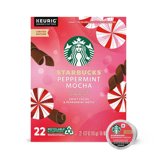 (4 pack) Starbucks K-Cup Coffee Pods, Peppermint Mocha Naturally Flavored Coffee, 1 Box (22 Pods)