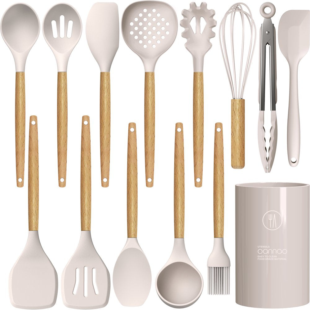 Silicone Cooking Utensils Kitchen Utensil Set - 446°F Heat Resistant,Turner Tongs,Spatula,Spoon,Brush,Whisk. Wooden Handles Khaki Kitchen Gadgets Tools Set for Non-Stick Cookware (BPA Free)