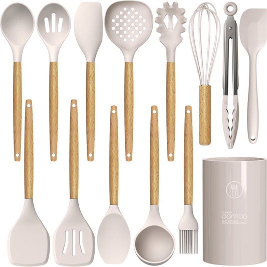 Silicone Cooking Utensils Kitchen Utensil Set - 446°F Heat Resistant,Turner Tongs,Spatula,Spoon,Brush,Whisk. Wooden Handles Khaki Kitchen Gadgets Tools Set for Non-Stick Cookware (BPA Free)