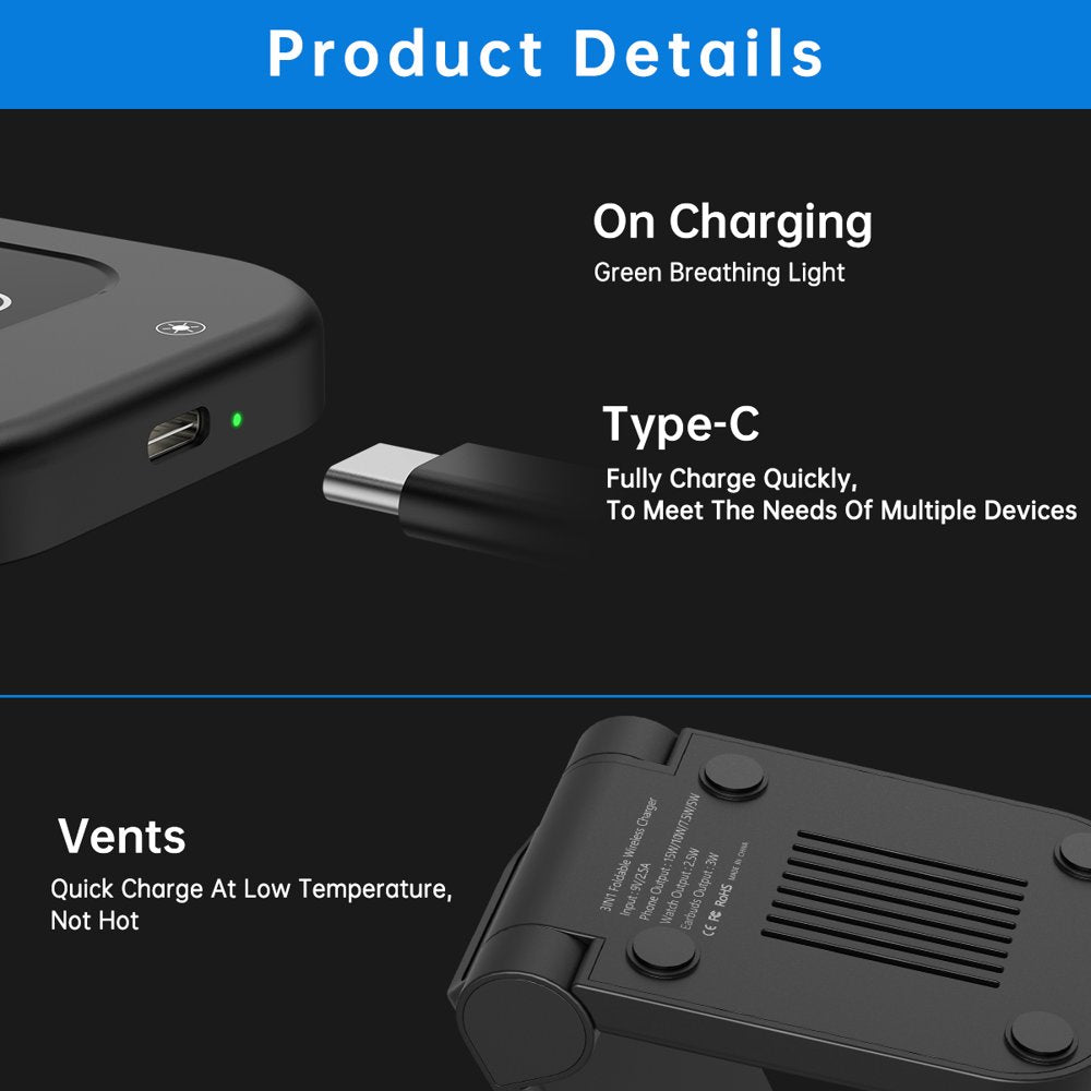 Wireless Charger, 23W 3 in 1 wireless charging station, Fast Charging dock for iPhone 14/13/12/11 Pro Max/X/Xs Max/8/8 Plus, AirPods 3/2/pro, iWatch Series 7/6/5/SE/4/3/2, Samsung Phones Charger Stand