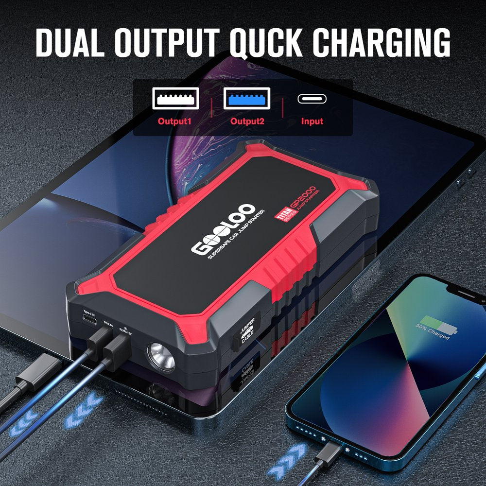 GOOLOO Jump Starter,2000A Peak 12V Car Jump Box (Up to 8.0L Gas and 6.0L Diesel Engine),Portable Battery Booster Car Starter with USB Quick Charge