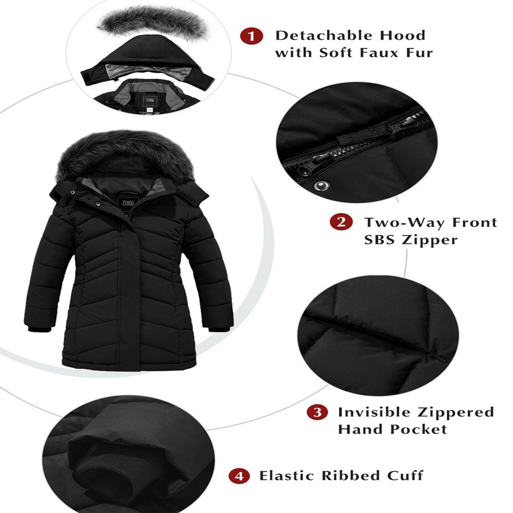 ZSHOW Girls' Puffer Jacket Winter Snow Coat Cotton Padded Parka Outerwear Jacket Black 8