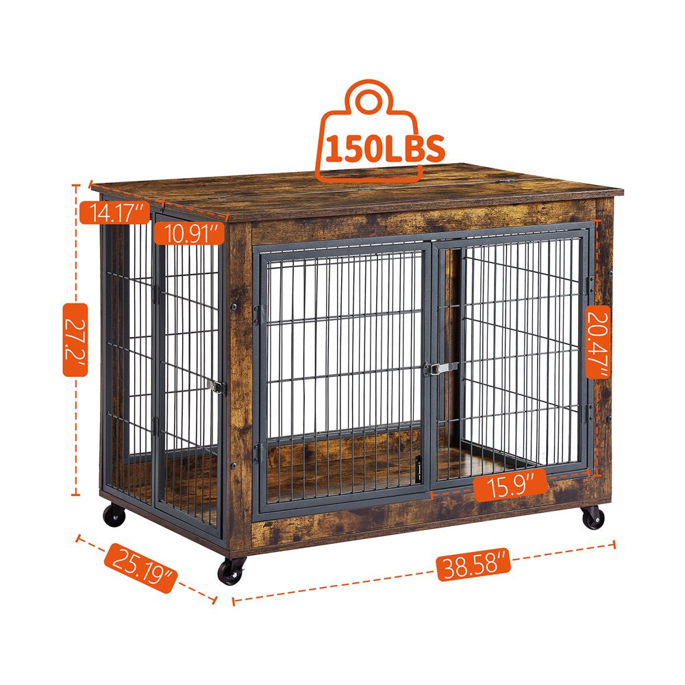 Pefilos 27 Inches Dog Crate Rustic Style Furniture Dog Cage Crate with Double Doors and Lift Top Heavy-Duty Kennel, Brown