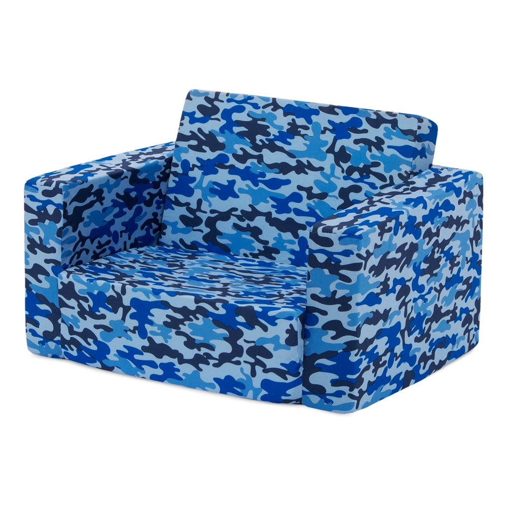 Delta Children Cozee Flip-Out Chair - 2-in-1 Convertible Chair to Lounger for Kids, Blue Camo