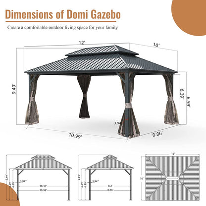 Domi 10' X 12' Hardtop Gazebo, Aluminum Metal Gazebo with Galvanized Steel Double Roof Canopy, Netting, Permanent Gazebo Pavilion for Patio, Backyard, Deck, Yard