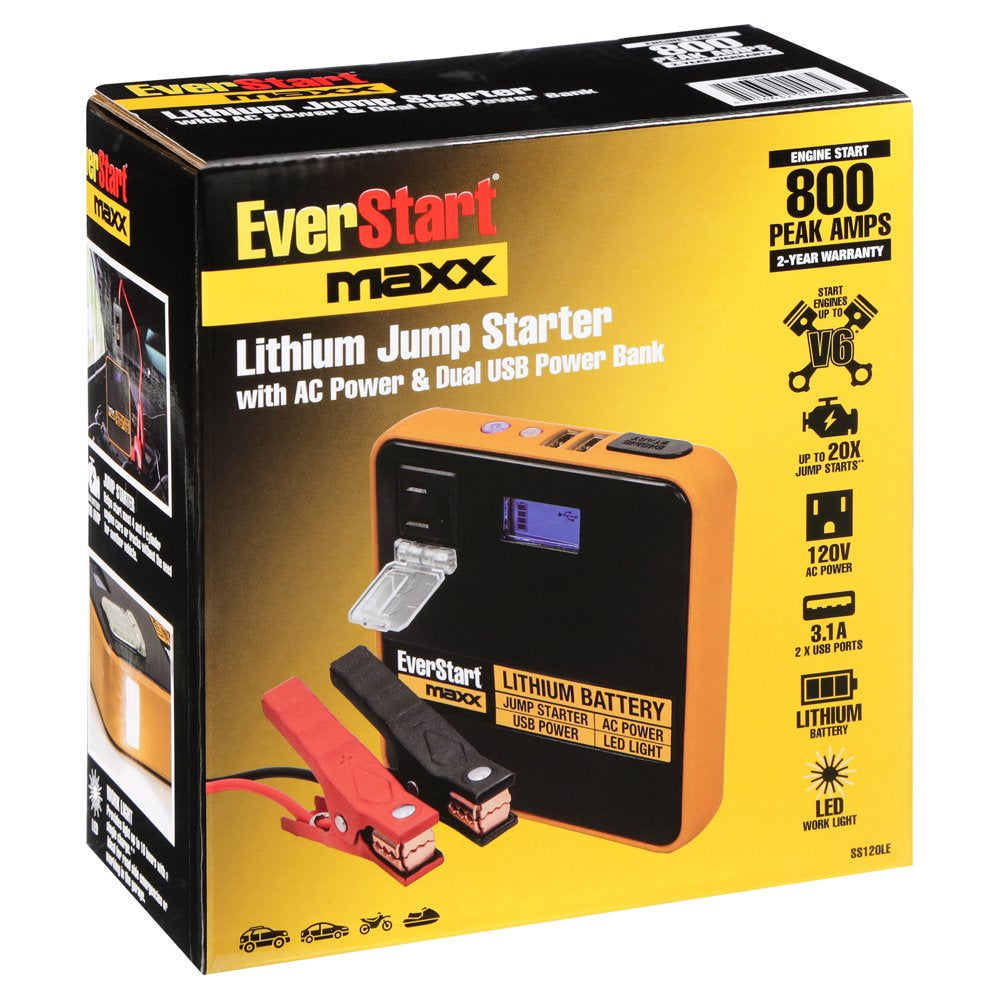 Everstart Maxx SS120LE Compact 800 Peak Amp Jump Starter with Dual USB Power Bank and AC Power