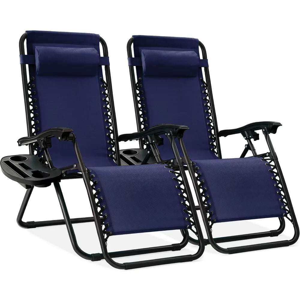 Best Choice Products Set of 2 Zero Gravity Lounge Chair Recliners for Patio, Pool w/ Cup Holder Tray - Navy Blue