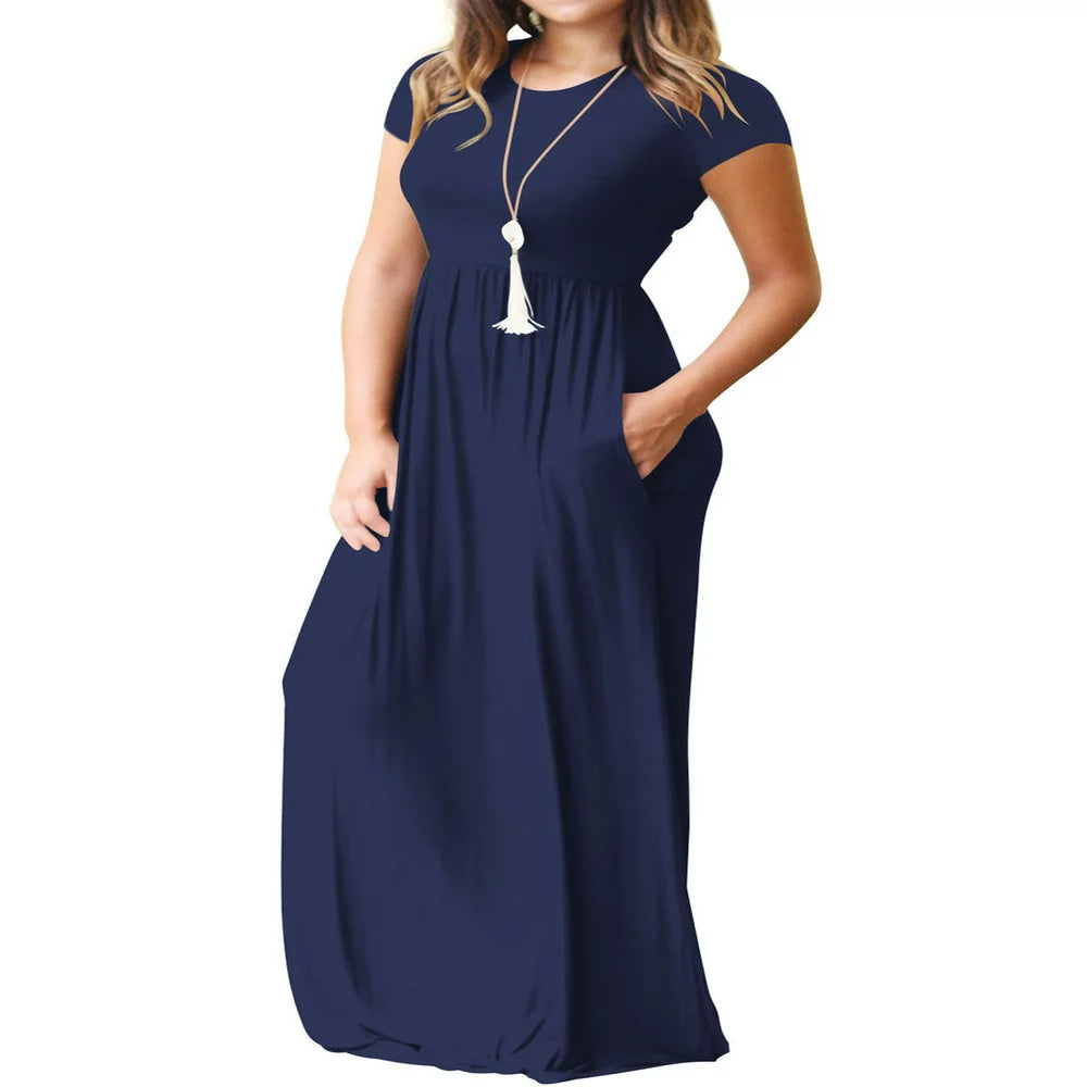 Mengpipi Women's Maxi Dresses Short Sleeve Long Casual Dresses Loose Plain with Pockets, Navy Blue-L(US 12-14)