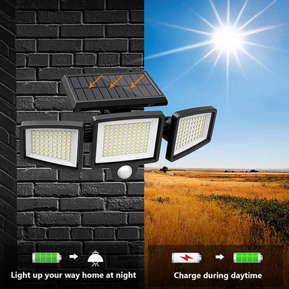 Solar Lights Outdoor - Waterproof Motion Sensor Security Lights with Wireless Remote Control - 2500LM 3Heads 210LED Flood Lights for Patio Garage Yard Entryways