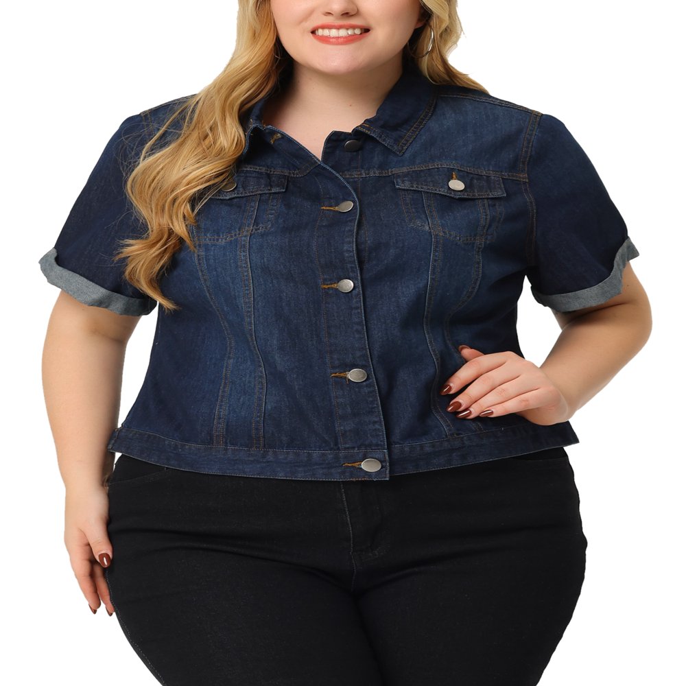  Plus Size Fall Button Down Crop Jean Trucker Denim Jacket