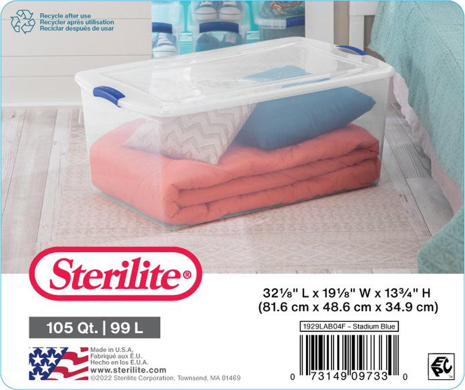 Sterilite 105 Qt. Clear Plastic Latching Box, Blue Latches with Clear Lid