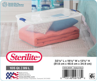 Sterilite 105 Qt. Clear Plastic Latching Box, Blue Latches with Clear Lid