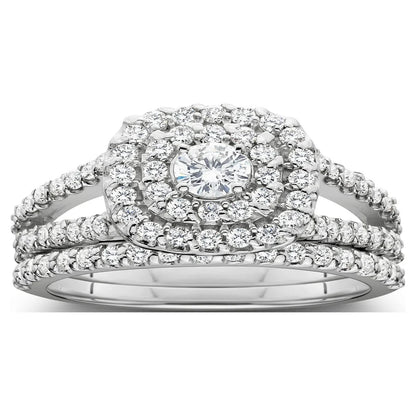 Pompeii3 Women's 1 1/10ct Cushion Halo Solitaire Diamond Engagement Wedding White Gold Ring Set