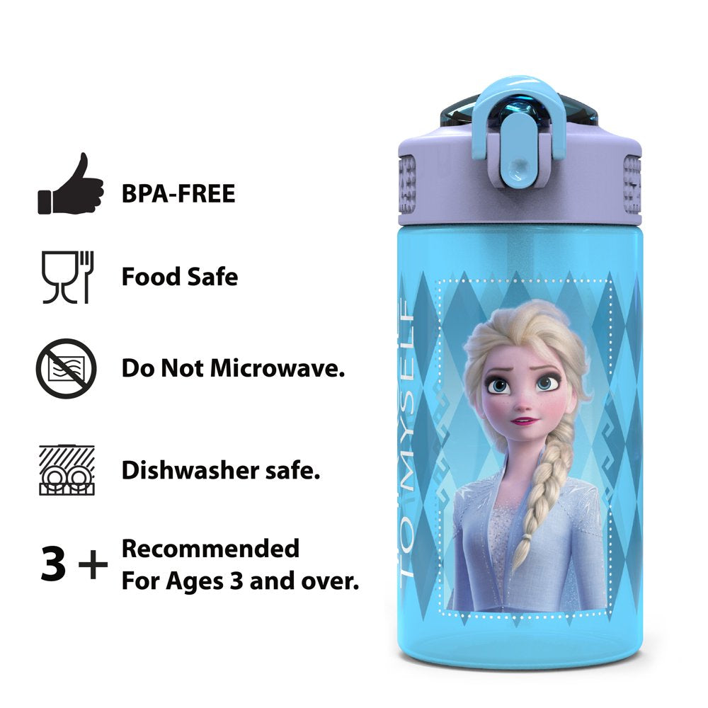 Zak Designs 2pc 16 oz Disney Kids Water Bottle Plastic with Push-Button Spout and Locking Cover, Frozen Anna Elsa