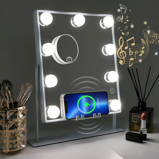  Bluetooth Hollywood Vanity Mirror with Lights Wireless Charging Tabletop Metal White