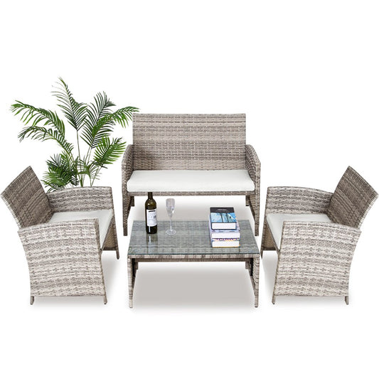 Outdoor Patio Furniture Set, Seizeen 4 Pieces Rattan Conversation Set Cushioned Sofa & Charis, Deck Garden Poolside Furniture Table Set for 4, Beige