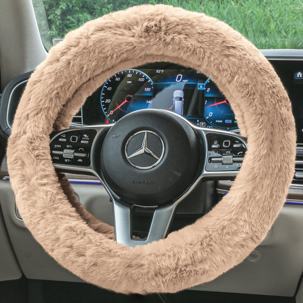  Faux Rabbit Fur Cozy Soft Fluffy Fuzzy Universal Fit Plush Steering Wheel Cover for Car, SUV, Van, Truck - Beige FH2016BEIGE