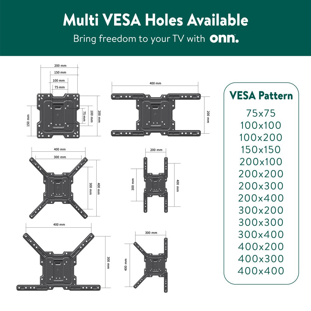 onn. Full Motion TV Wall Mount for 19" to 50" TVs, up to 15° Tilting