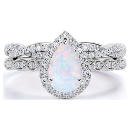 1.5 Carat Pear Shaped Fire Opal and Moissanite Vintage Wedding Ring Set in 18K White Gold over Silver