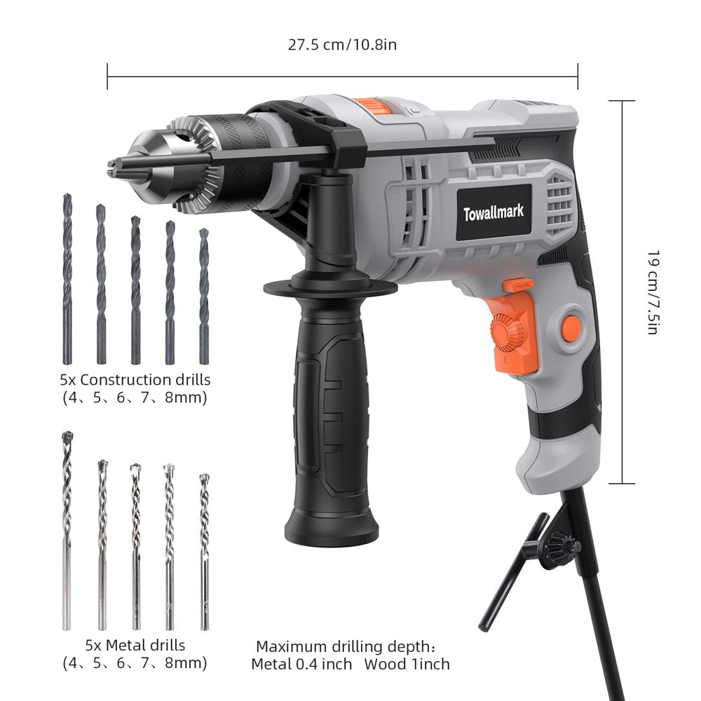 7-Amp (850W) Hammer Drill, 1/2-Inch Corded Electric Hammer Drill with 3000RPM, Variable Speed, 10 Drill Bits for Home Improvement, DIY, Steel, Masonry, Wood (NOT for Reinforced Concrete)