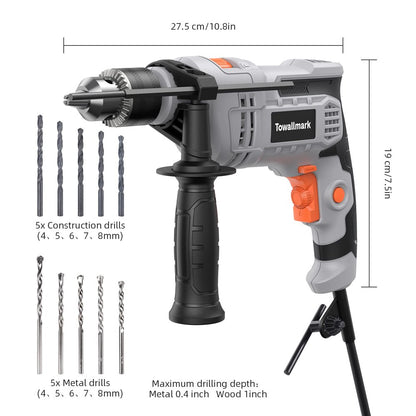 7-Amp (850W) Hammer Drill, 1/2-Inch Corded Electric Hammer Drill with 3000RPM, Variable Speed, 10 Drill Bits for Home Improvement, DIY, Steel, Masonry, Wood (NOT for Reinforced Concrete)