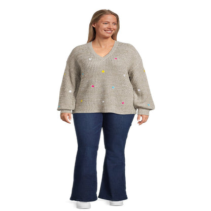 What's Next Women's Plus Size V-Neck Pullover with Heart Embroidery