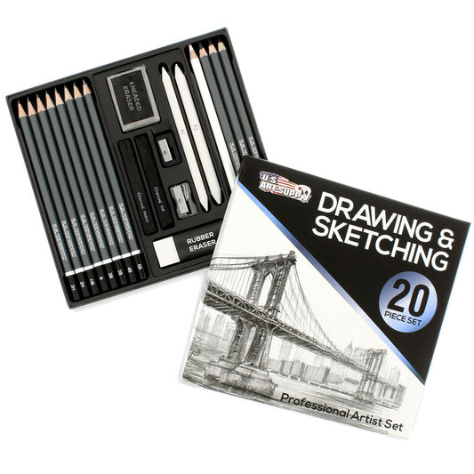 20 Piece Artist Drawing & Sketching Set with Pencils, Charcoal, Stumps & More