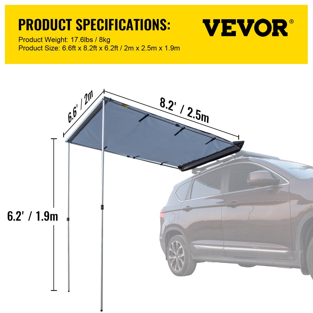 Car Side Awning, 6.6'x8.2', Pull-Out Retractable Vehicle Awning Waterproof UV50+, Telescoping Poles Trailer Sunshade Rooftop Tent w/Carry Bag for Jeep/SUV/Truck/Van Outdoor Camping Travel, Grey