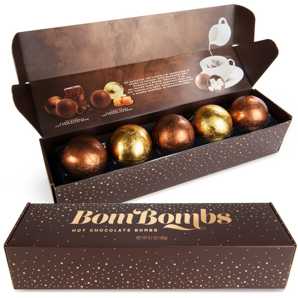 BomBombs Hot Chocolate Bombs Gift Set, Fudge Brownie and Caramel Candy with Marshmallows, Hot Cocoa Set of 5