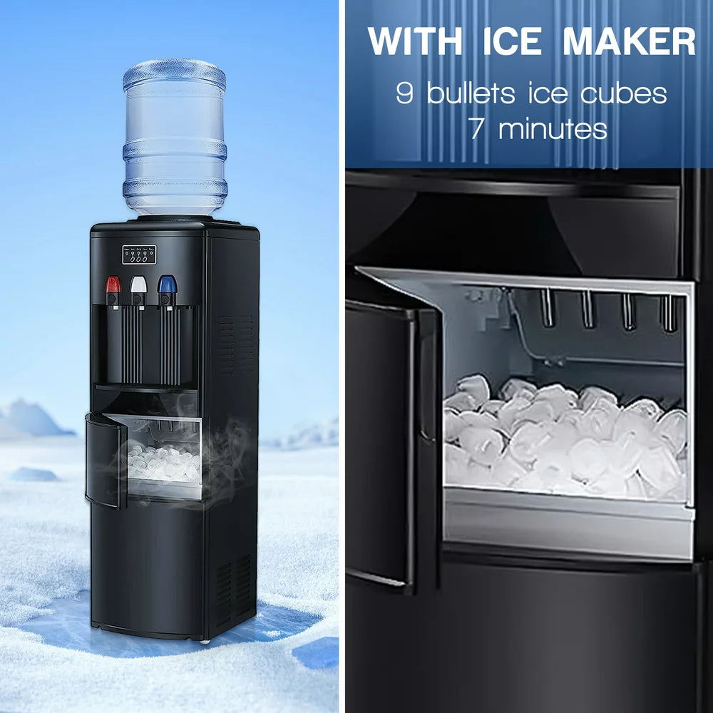 AGLUCKY 3-In-1 Water Cooler Dispenser with Built-In Ice Maker, Top Loading Water Coolers with 3 Temperature Settings, 5 Gallon Bottle, Child Lock, 27Lbs/24H Ice Maker Machine-Black