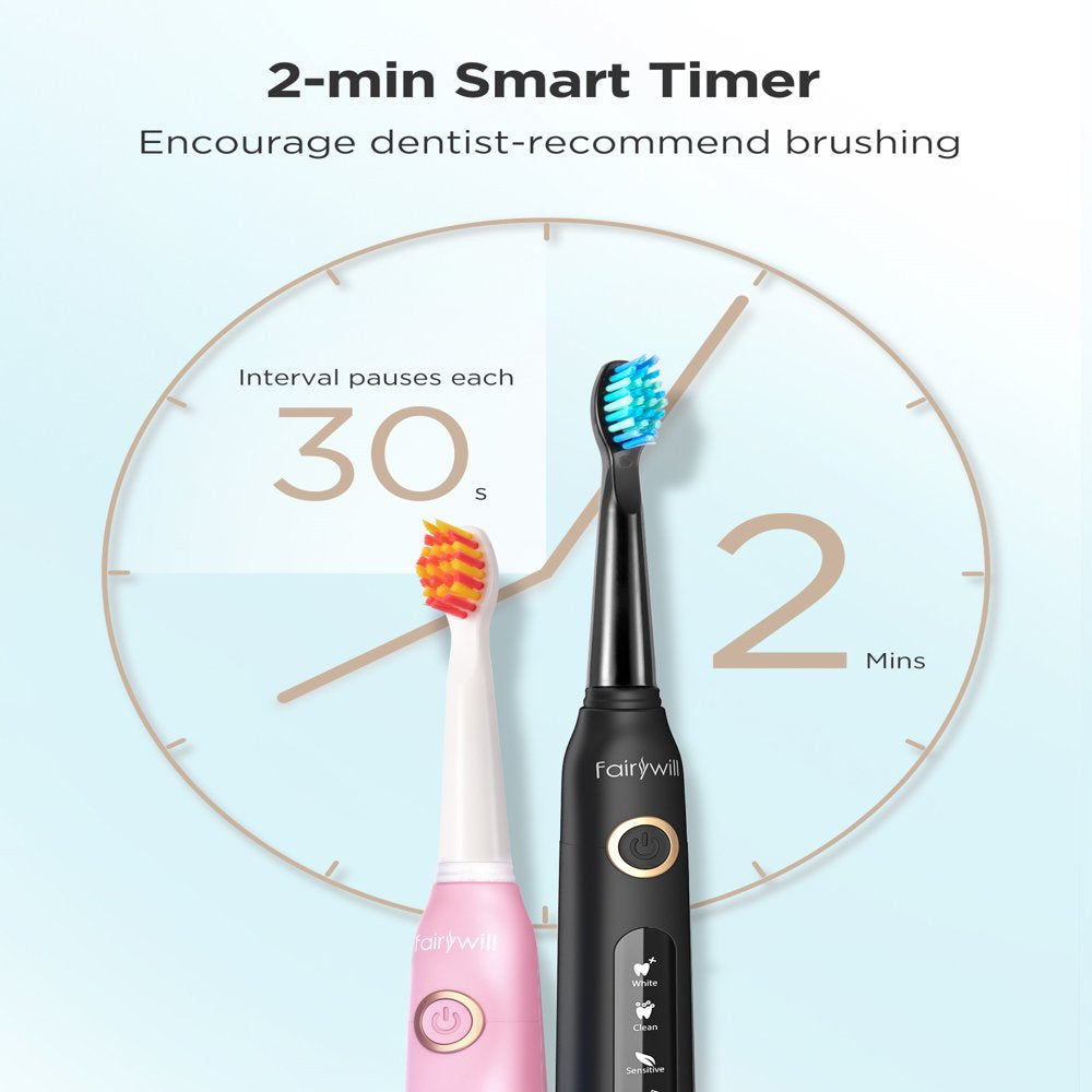 Fairywill Ultrasonic Electric Toothbrush with 5 Modes , Dual Pack Sonic Rechargeable Toothbrush for Adults with 8 Heads & 2 Travel Cases , Smart Timer , Fast Charger for 30 Days , Black & Pink