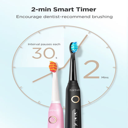 Fairywill Ultrasonic Electric Toothbrush with 5 Modes , Dual Pack Sonic Rechargeable Toothbrush for Adults with 8 Heads & 2 Travel Cases , Smart Timer , Fast Charger for 30 Days , Black & Pink