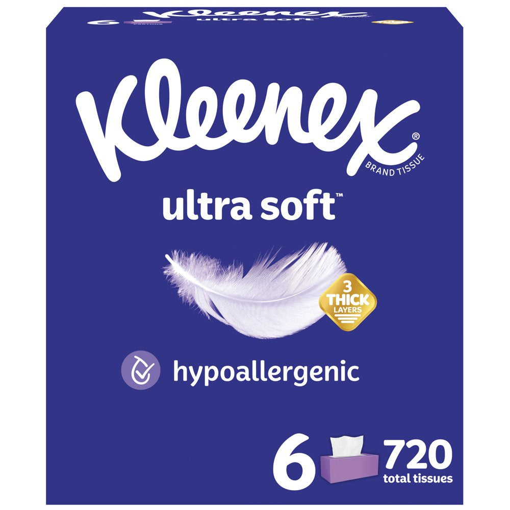 Kleenex Ultra Soft Facial Tissues, 4 Flat Boxes, 120 Tissues per Box, 3-Ply