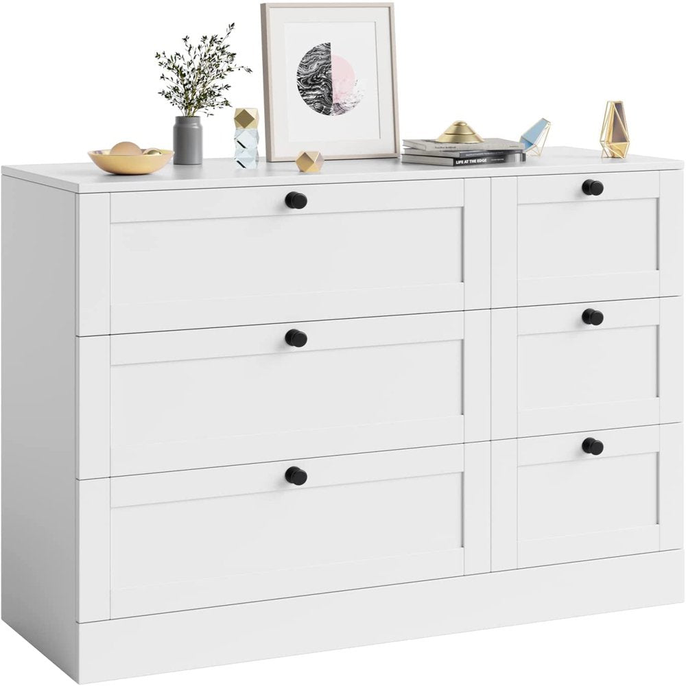 Homfa 6 Drawer White Double Dresser,Wood Storage Cabinet for Living Room, Chest of Drawers for Bedroom