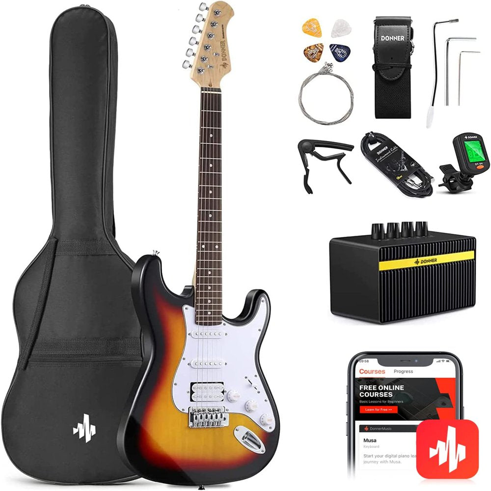  39" Electric Guitar Beginner Kit Solid Body Full Size HSS for Starter, with Amplifier, Bag, Digital Tuner, Capo, Strap, String, Cable, Picks, Black