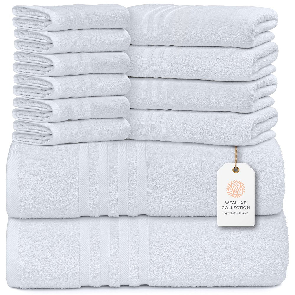 White Classic 12 Piece Bath Towel Set for Bathroom - Wealuxe Collection 2 Bath Towels, 4 Hand Towels, 6 Washcloths 100% Cotton Soft and Plush Highly Absorbent, Soft Towel for Hotel & Spa - Black