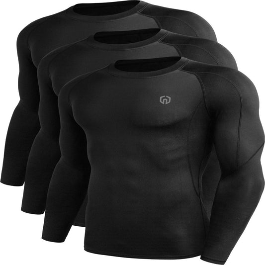 Men Dry Fit Long Sleeve Compression Shirts Workout Running Shirts 3 Pack,Black