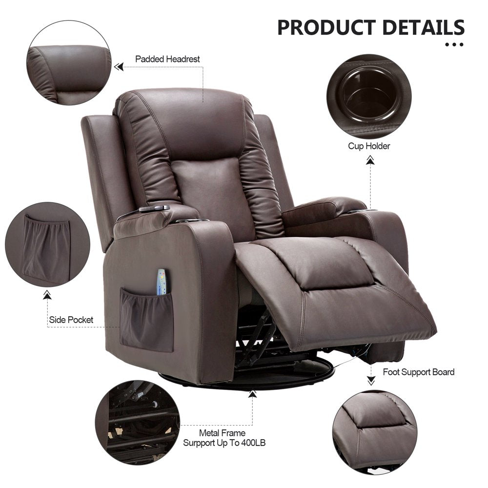 ComHoma Recliner Chair PU Leather Rocking Sofa with Heated Massage, Brown