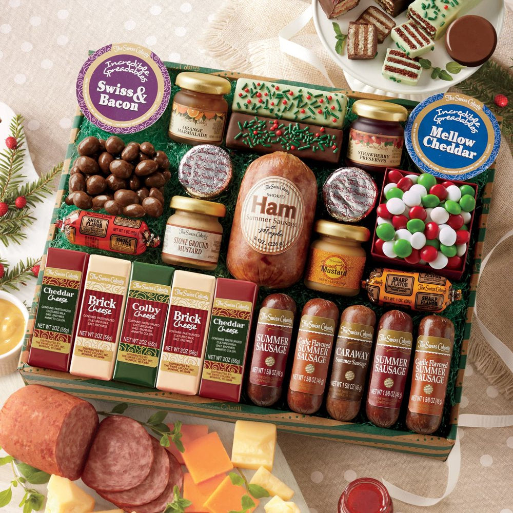 The Swiss Colony 25 Holiday Favorites - Assorted Chocolates, Sausage Meats, Cheese Blocks, and Spreadables, Sweet and Savory Variety Treats, Perfect Gift for Holidays, Christmas, or Birthdays