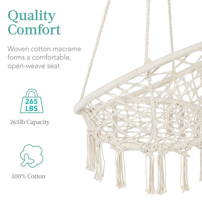 Best Choice Products Macrame Hanging Chair, Handwoven Cotton Hammock Swing w/ Mounting Hardware - Beige