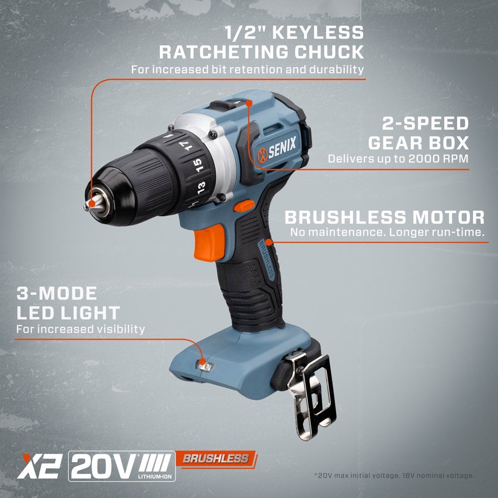 SENIX 20 Volt Max* 2-Tool Cordless Brushless Combo Kit, 1/2-Inch Drill Driver & 1/4-Inch Impact Driver (2 x Batteries and 1 x Charger Included), S2K2B2-01