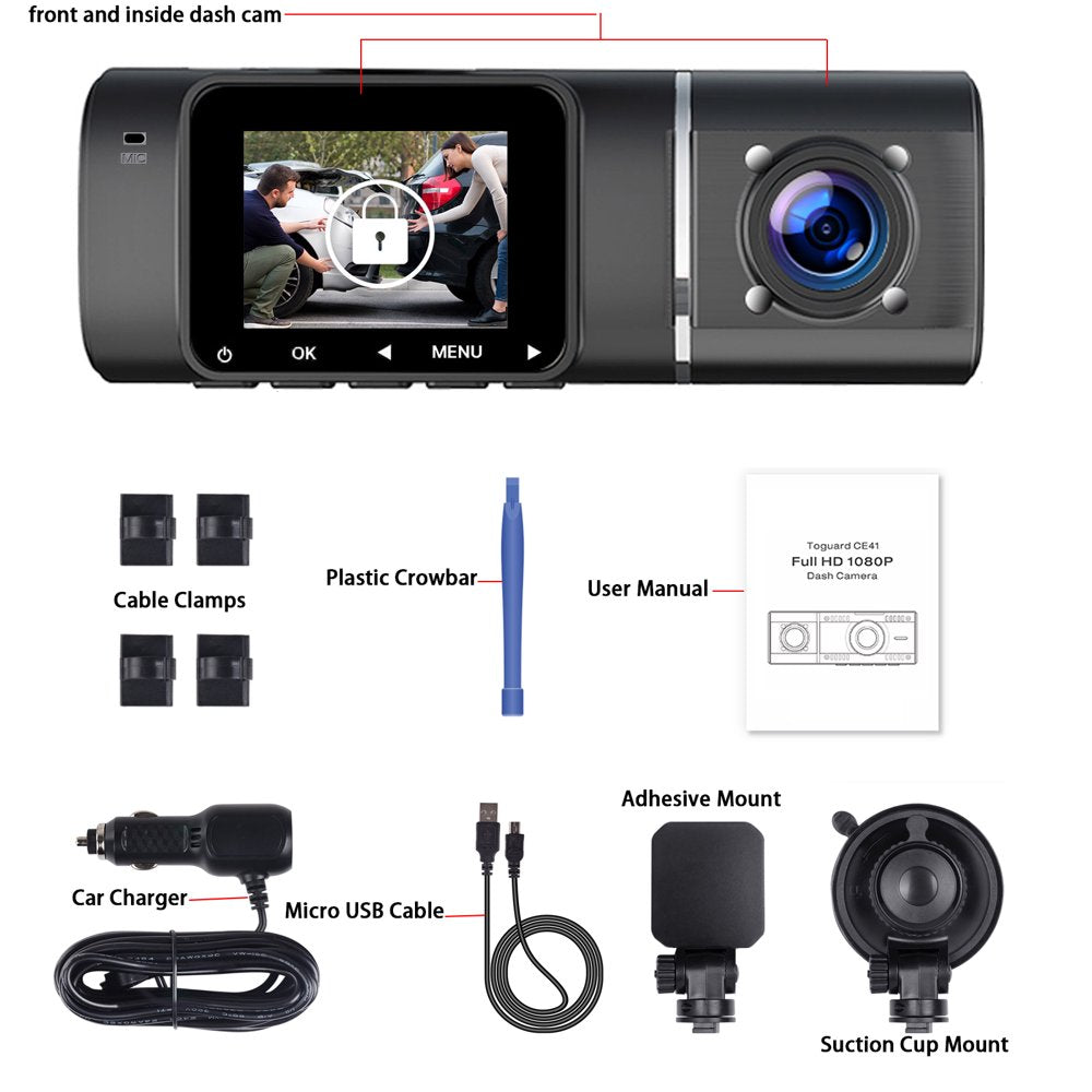 TOGUARD Dual FHD 1080P Dash Cam Front and Inside Car Camera with Night Vision WDR Car Dash Camera Black