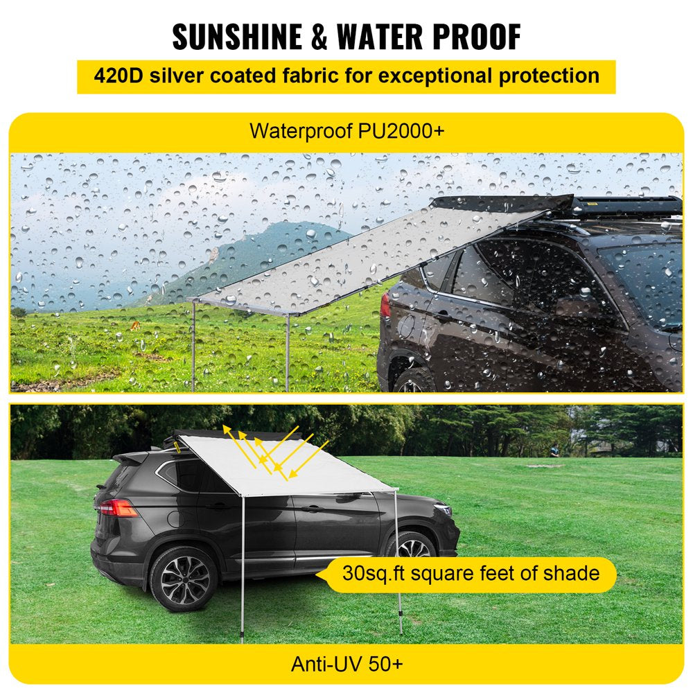  Car Side Awning, 4.6'x6.6', Pull-Out Retractable Vehicle Awning Waterproof UV50+, Telescoping Poles Trailer Sunshade Rooftop Tent w/ Carry Bag for Jeep/SUV/Truck/Van Outdoor Camping Travel, Grey