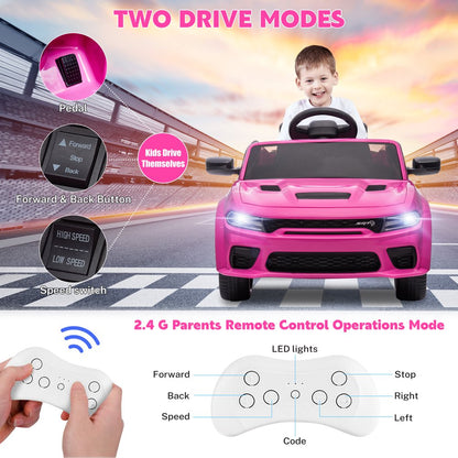 Dodge Electric Ride on Cars for Kids, 12 V Licensed Dodge Charger SRT Powered Ride On Toys Cars with Parent Remote Control, Electric Car for Girls 3-5 w/Music Player/LED Headlights/Safety Belt, Pink