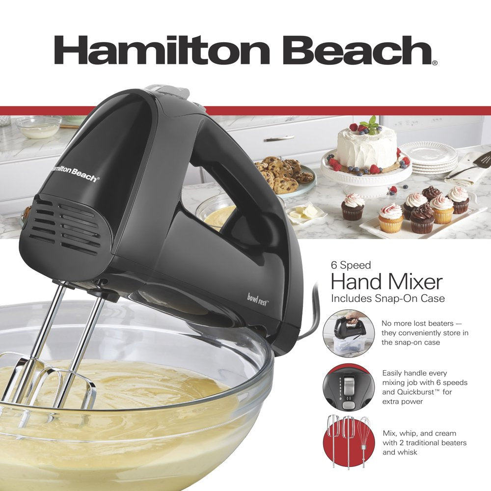 Hamilton Beach 6 Speed Hand Mixer, Quick Burst, Storage Case, Black, 62690