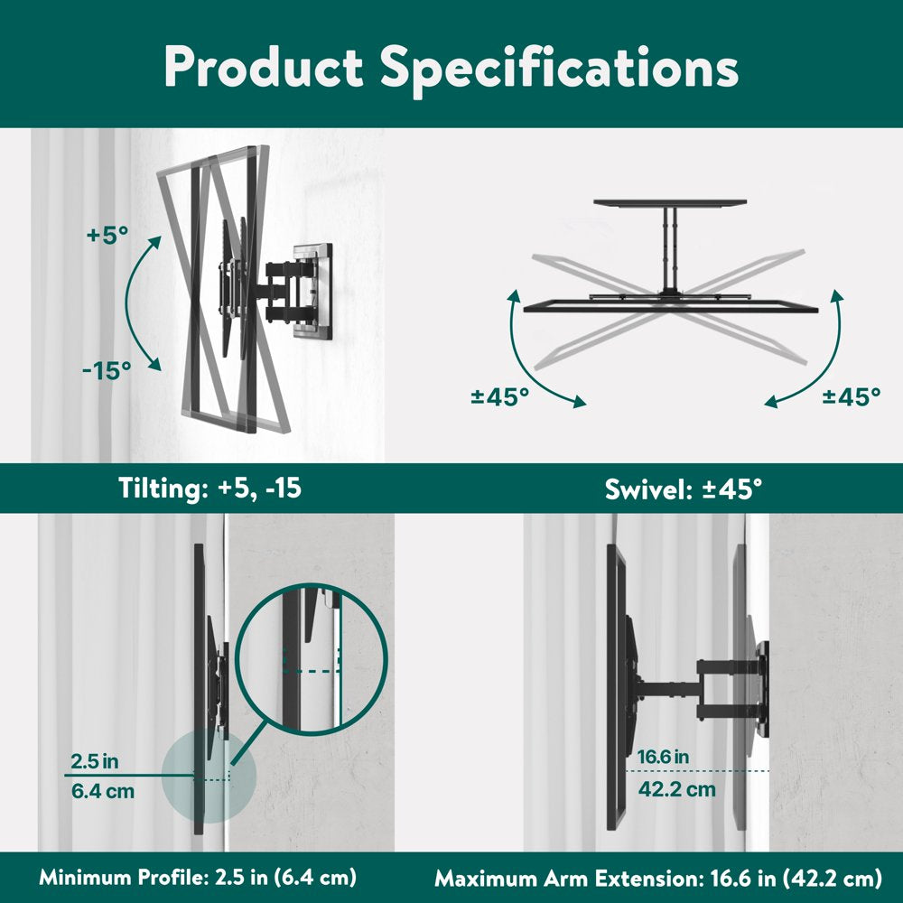 onn. Full Motion TV Wall Mount for 50" to 86" TVs, up to 15° Tilting