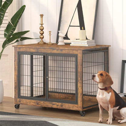 Pefilos 27 Inches Dog Crate Rustic Style Furniture Dog Cage Crate with Double Doors and Lift Top Heavy-Duty Kennel, Brown