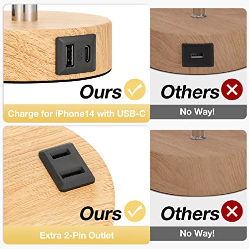 Beside Table Lamp for Bedroom Nightstand - 3 Way Dimmable Touch Lamp USB C Charging Ports and AC Outlet, Small Lamp Wood Base Round Flaxen Fabric Shade for Living Room, Office Desk, LED Bulb Included