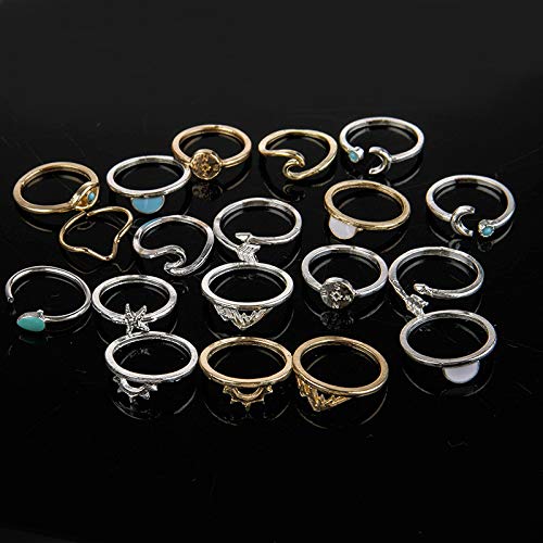 FUTIMELY Boho Retro Stackable Rings Sets for Teens Girls Women,Peak Sea Wave Compass Turquoise Rhinestone Knuckle Joint Finger Kunckle Nail Ring Sets (:1：19PC)