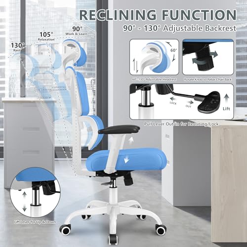 Winrise Office Chair Ergonomic Desk Chair, High Back Gaming Chair, Big and Tall Reclining chair Comfy Home Office Desk Chair Lumbar Support Breathable Mesh Computer Chair Adjustable Armrests(Sky Blue)